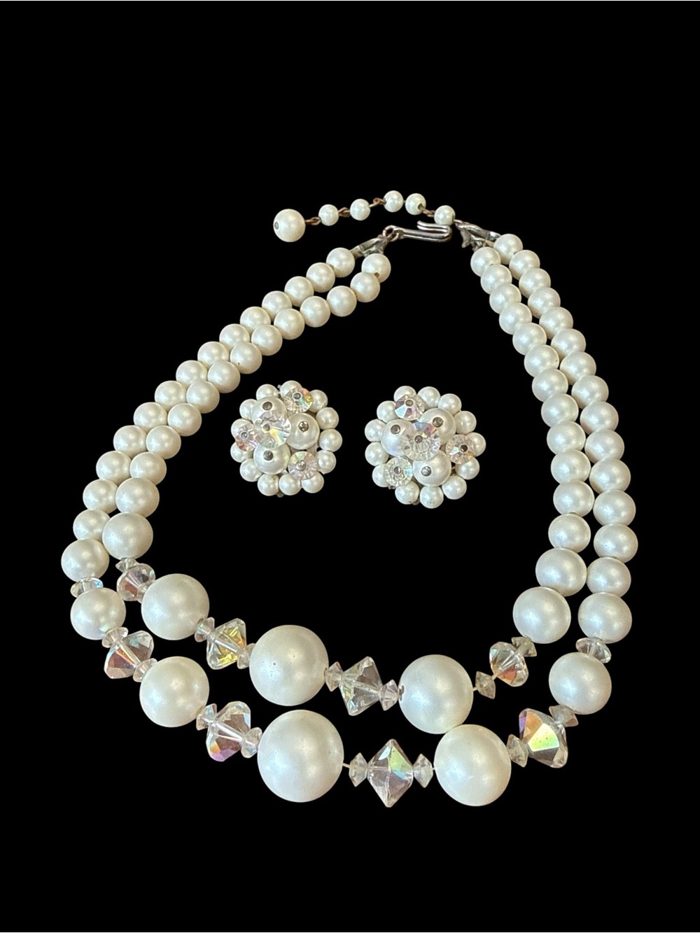 Vintage 1950s Faux Pearl & Aurora Borealis Crystal Necklace & Earring Set MCM